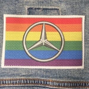 𝅺Jean jacket laura brodigan with Mercedes Benz car rainbow emblem Unisex